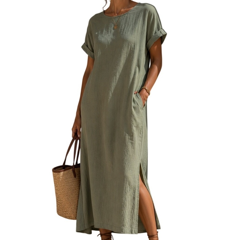 Terzo Millennio Minimalist Sage Green 100% Linen Midi Dress Made in Italy Size M